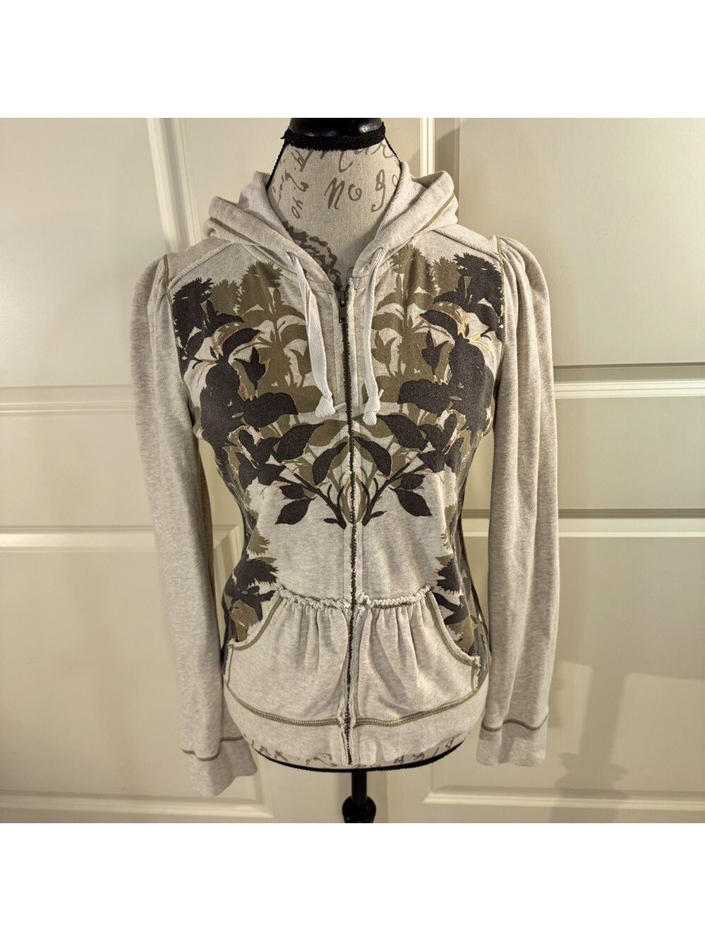DKNY Active Full Zip Hoodie Floral Pattern Beige khaki Medium